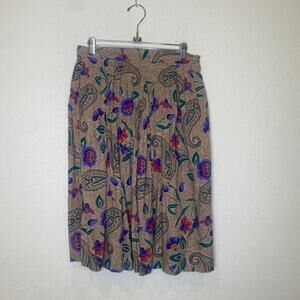 Vintage Floral Paisley Midi Skirt Pink Purple Teal Tan Pleated EUC Sz SP